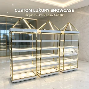 Standing Pyramid Jewelry Display Racks Gold Trim LED Glass Tall Showcase Custom Lock Cabinet for Luxury Jewellery Store