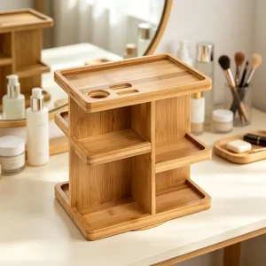 Standing Type Bamboo Wood 3 Tier Heavy Duty Rotating Makeup Organizer Storage Rack for Bathroom Cosmetics Skincare