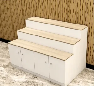 Stepped Wooden Island Display Stand With Storage Cabinet Cosmetic Retail Display Furniture