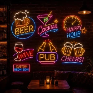 Storefront Window Sign with Neon Open Sign and LED Shop Sign for Beverage Retail Display Lighting and Taproom Decor Use