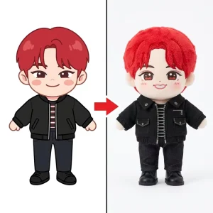 Streetwear Chibi Male Plush Figurine Bright Red Hair Black Zip Overcoat Striped Tee Dark Jeans Idol Fandom Custom Character Gift