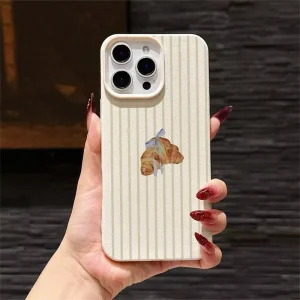 Striped Croissant Leather Mobile Phone Case for iPhone 16 15 17 Air 18 Pro Max Shockproof Back Cover Coque