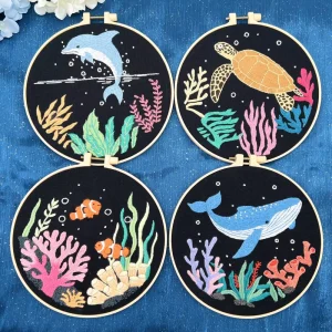 Student-Friendly Ocean-Themed Animal Cartoon Embroidery DIY Kit, European-Style Fabric Wall Art