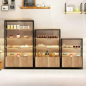 Sturdy Bakery Display Case Durable Wood Look Metal Shelving with Glass Door and Cabinet for Commercial Use