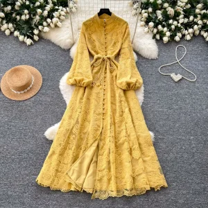 Summer Roman Stand Collar Casual Maxi Dress for Women Lantern Sleeve Lace Dress