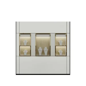 Sundo Modern Luxury Jewelry Display Counter with Gold Metal Frame & Glass Showcase, LED Lighting for Diamond Ring Exhibition