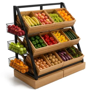 Supermarket Steel and wood Lightweight Single sided Fresh Fruit Rack Grocery Store Island Display Stand Weekly stockin Shelf