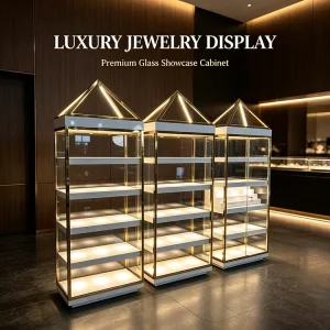 Tall Pyramid Top Jewelry Display Racks Gold White Tempered Glass LED Showcase Lockable Standing Cabinet for Jewelry Boutique
