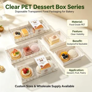 Three Slots Clear PET Baked Cheesecake Folding Packaging Box Disposable Rectangular Dessert Container