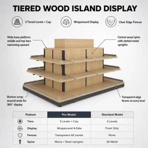 Tiered Wood Island Display 3 Level Wraparound 360 Degree Display Clear Edge Fences Retail Store Floor Display Stand