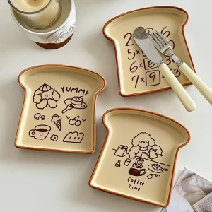 Toast Shaped Cartoon Illustration Ceramic Plate Cute Puppy Print Dessert Breakfast Dish for Household Snack Party Use