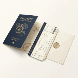 Travel Themed Passport Wedding Invitation Card Suite with Personalised Boarding Pass and RSVP Card for Events