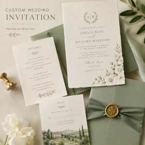 Tuscan Watercolor Wedding Invitation Suite with Deckled Edge Monogram Crest and Sage Green Envelope