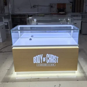 Uniquely Designed Customized Metal LED Lighting Electronic Product Display Counter Mobile Phone Display Stand Glass Showcase