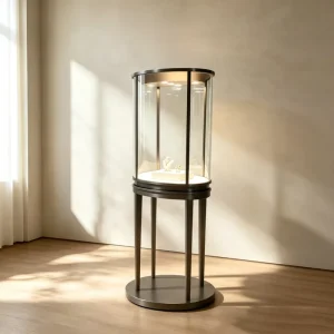 Upright Jewelry Display Tower with Black Metal Round Glass Cabinet