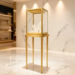 Upright Jewelry Showcases Golden Stainless Steel Frame Tempered Glass Display Cabinet LED Spotlight Jewelry Display Cases