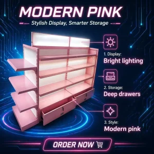 Used Metal Light Duty Pink Cosmetic Display Cabinet with Central Shelf