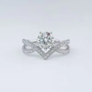 V Shape Crossover Crown Design Lab Grown Diamond Ring 18K White Gold Plated