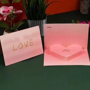 Valentines Day Birthday Pink Heart-Shaped 3D Creative Greeting Card Gold Foil Stamping UV Coating Embossing Customizable for