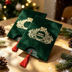 Velvet Christmas Greeting Card with Gilded Pattern Comes with Hanging Red Tassels Perfect for a Festive Christmas Vibe