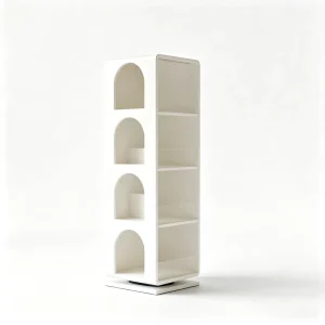 Versatile Soft Color Display Unit with Swivel Base and Open Shelving for Upscale Shop