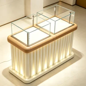 Vertical Grooved Light up Jewelry Island Display Counter Dual Cube Glass Showcase for Luxury Jewelry