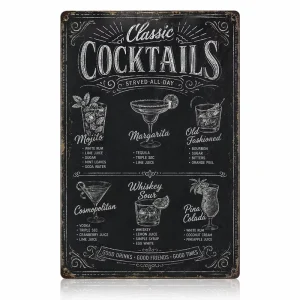 Vintage Cocktail Recipe Aluminum Metal Wall Sign for Bar, Kitchen, or Restaurant