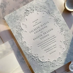 Vintage Floral Embossed Wedding Invitation, Elegant Letterpress Printed Wedding Invite for Formal Ceremony