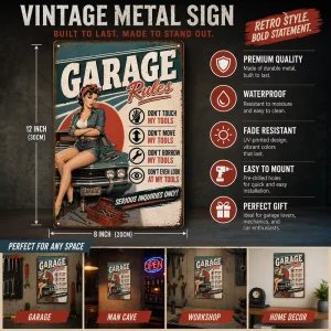 Vintage Garage Rules Pinup Girl Metal Tin Sign for Car Repair Shop and Man Cave