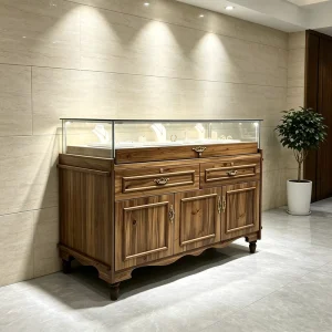Vintage Solid Wood Lockable Jewelry Display Showcase with Glass Top and Internal Lighting for Antique and Jewelry Shop