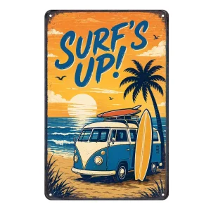 Vintage Surfboard Camper Van Surfing Metal Tin Wall Plaque