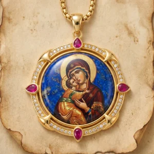Vladimir Mother of God Lapis Lazuli Pendant Custom Newborn Blessing Baptism Gift Orthodox Icon Jewelry Gold Plated Brass B2B