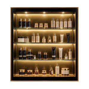 Wall Mounted Backlit Beauty Display Cabinet Glass Shelves Gold Trim Recessed Bathroom Storage Showcase