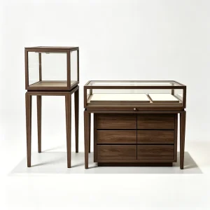 Walnut Wood Jewelry Display Cabinet Set with Elevated Legs, Glass Showcase, and 6-Drawer Base for Luxury Boutique