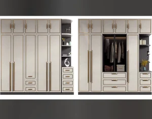 Wardrobe Luxury Beige Custom Wardrobe with Gold Accents Multi Zone Storage and Open Shelving