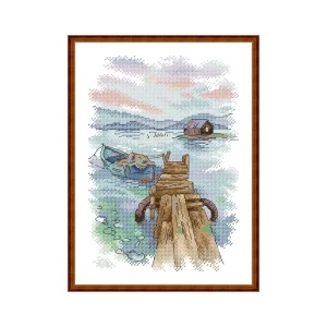 Watercolour Fishing Harbour at Dawn Cross Stitch Pattern Hand Embroidery Kit for Beginners Landscape Decor Gift Needlepoint