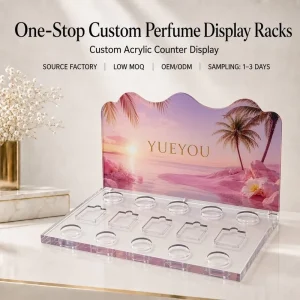 Wave Top Acrylic Perfume Cosmetic Display Stand Custom Logo Water Resistant Multi-Size Bottle Slots for Beauty Shops