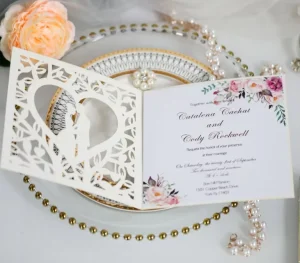 Wedding Invitation Cards Laser Cut Floral Design Pocket for Bridal Showers Engagement Parties