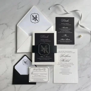 Wedding Invitation Set Luxury Black White Monogram Foil Stamped Elegant Cardstock Bridal Shower RSVP Envelopes