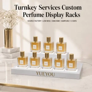 White 2 Tier LED Lighted Acrylic Perfume Display Stand 8 Built in Light Pads Custom Gold Letter Counter Display Rack