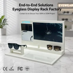 White Foldable Modern Smart Eyewear Display Stand Digital Screen Built-In Try-On Mirror Adjustable Eyeglass Pegs Transparent