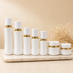 White Glass Cosmetic Bottle Set Gold Edge Press Lotion Bottle Face Cream Jar Skincare Packaging