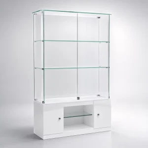 White Glass Display Cabinet 3 Adjustable Shelves Minimalist Shop Showcase with Storage Base