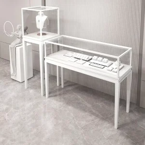 White Jewelry Display Case Iron Metal Jewelry Display Cabinet Dustproof Jewellery Showcase Combination