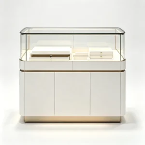 White Jewelry Display Showcase with Rounded Glass Canopy and Integrated LED Lighting for Boutique Showroom