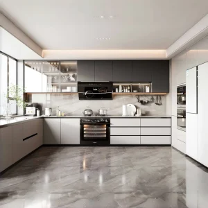 White L-Shaped Kitchen Cabinet Set with Glass Display Cabinets and Storage Functions
