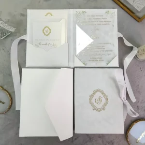 White Linen Hardcover Folio Wedding Invitation Card with Silk Ribbon 5 X 7 Inch Invitations