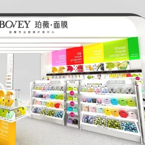 White Minimalist Beauty Booth Design with Curved Facade and Light Box for Skincare Mask Exhibition Stand