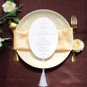 White Oval Velvet Wedding Menu Card Gold Foiling Text and Matching Tassel for Wedding Table Decor