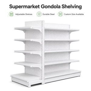 White Pegboard Gondola Shelving Retail Display Rack Double Sided Metal Supermarket Pharmacy Store Fixture Adjustable Shelves